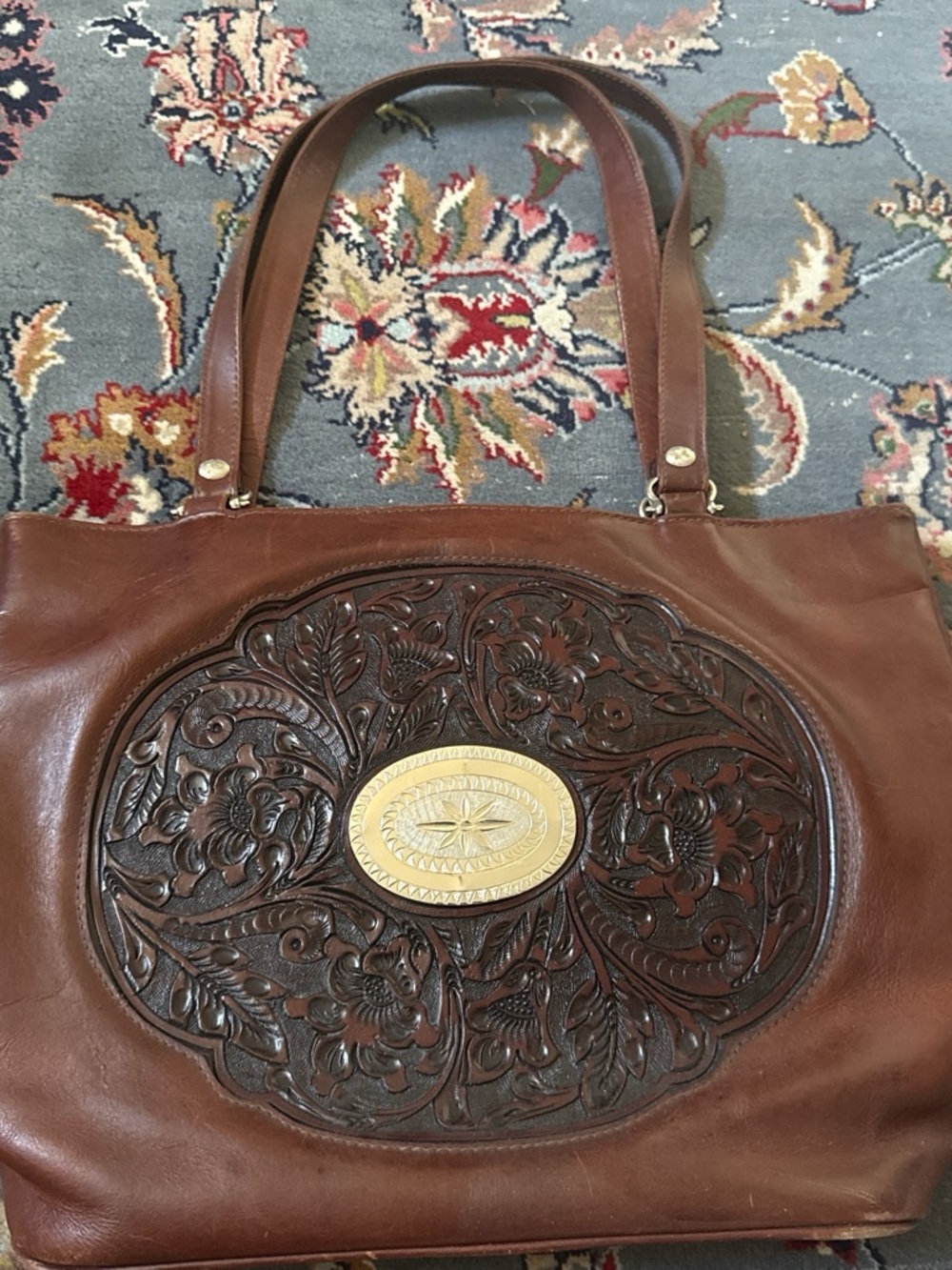 Brown Floral Tooled Leather Tote Bag with Gold Medallion